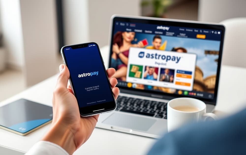 Person som bruker AstroPay-appen på mobilen ved siden av en datamaskin med et nettcasino.