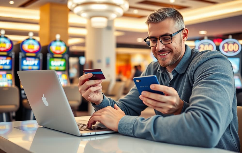 Norsk spiller som utfører bankoverføring på casino via laptop, med telefon og bankkort synlig.