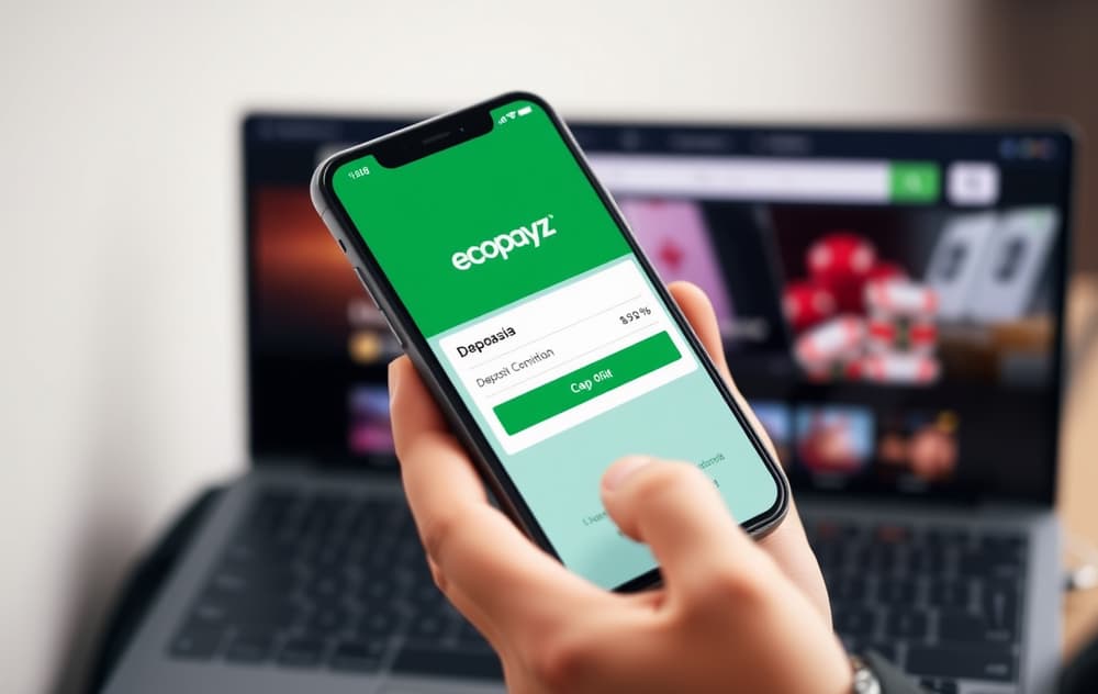 Person med mobiltelefon som viser Ecopayz-appen og en innskuddsbekreftelse på et nettcasino.