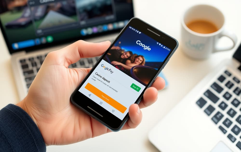 Person som holder Android-telefon med Google Pay-appen åpen, med casino-innskuddsskjerm i bakgrunnen.