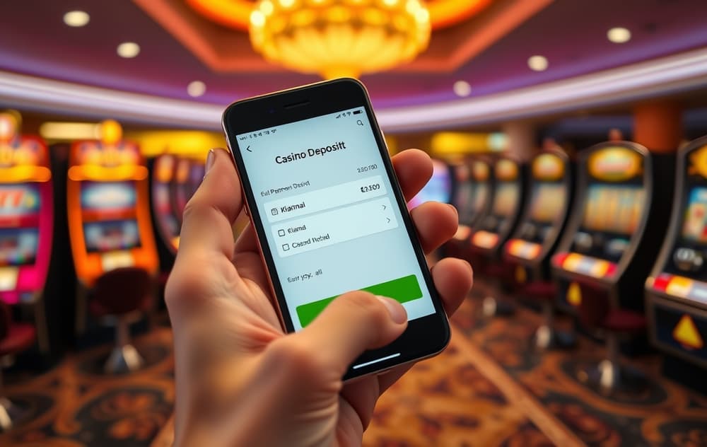 En person holder en mobiltelefon med Klarna betalingsvindu på et casino deposit-skjermbilde.