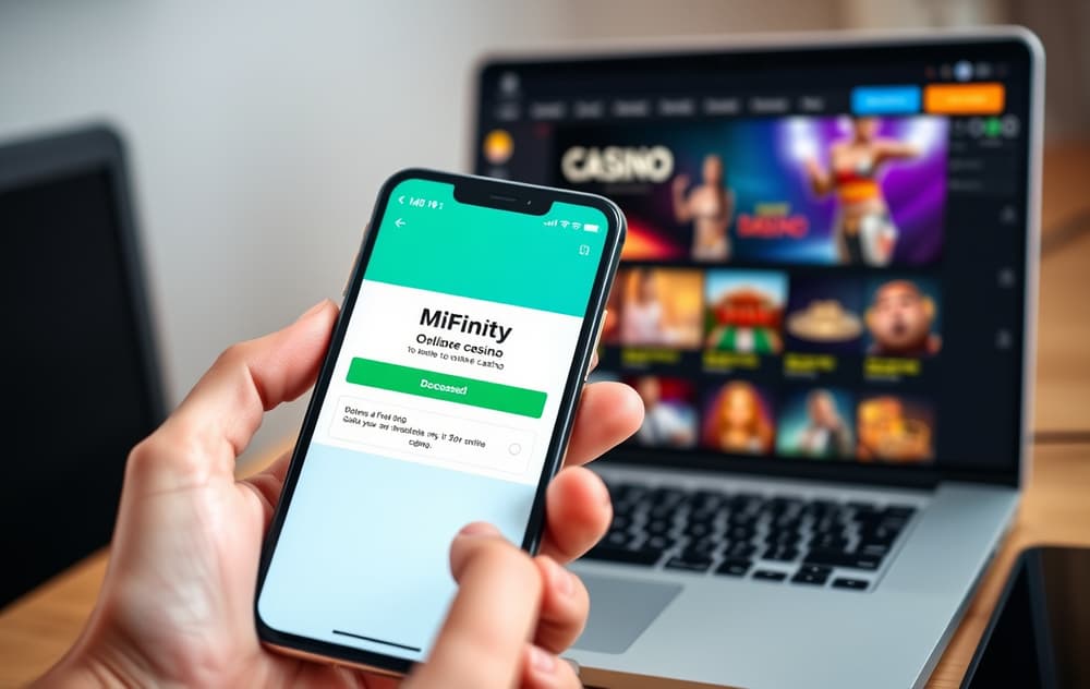 Person som overfører penger til et nettcasino via MiFinity-appen på mobilen.