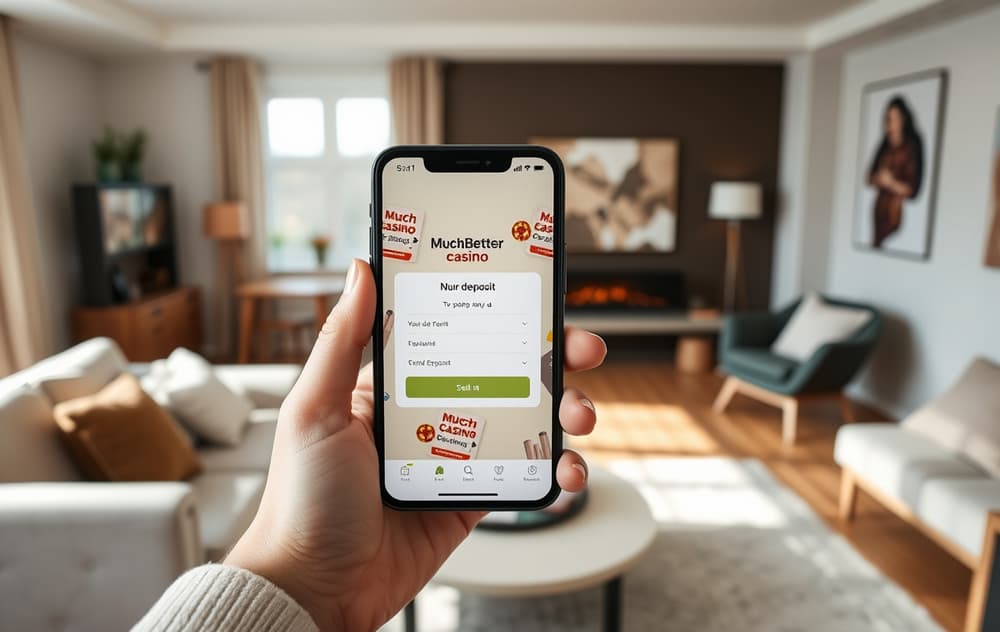 Person med mobil som viser MuchBetter-appen, med et nettcasino i bakgrunnen.