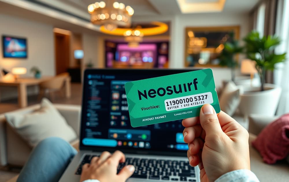 Hånd som holder en Neosurf-kupong foran en laptop med casino-innlogging, anonym betaling.