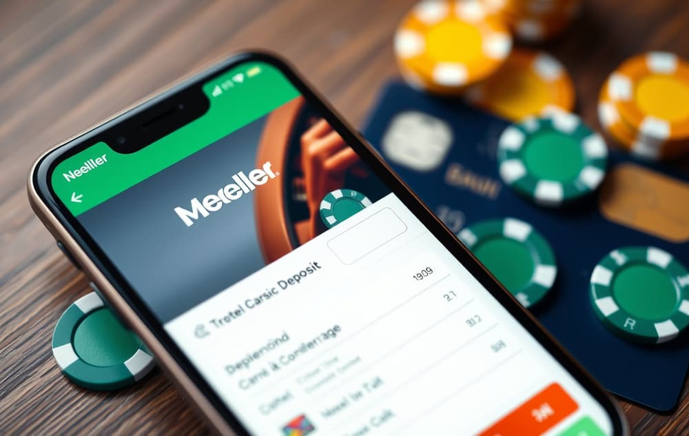 Mobilskjerm med Neteller-app og casino-innskudd, kredittkort og spillebrikker i bakgrunnen.
