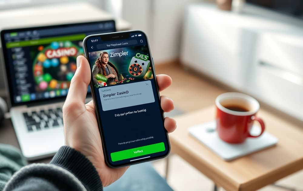 Person som bruker mobilen til å sette inn penger på et casino med Zimpler, med BankID-appen åpen.