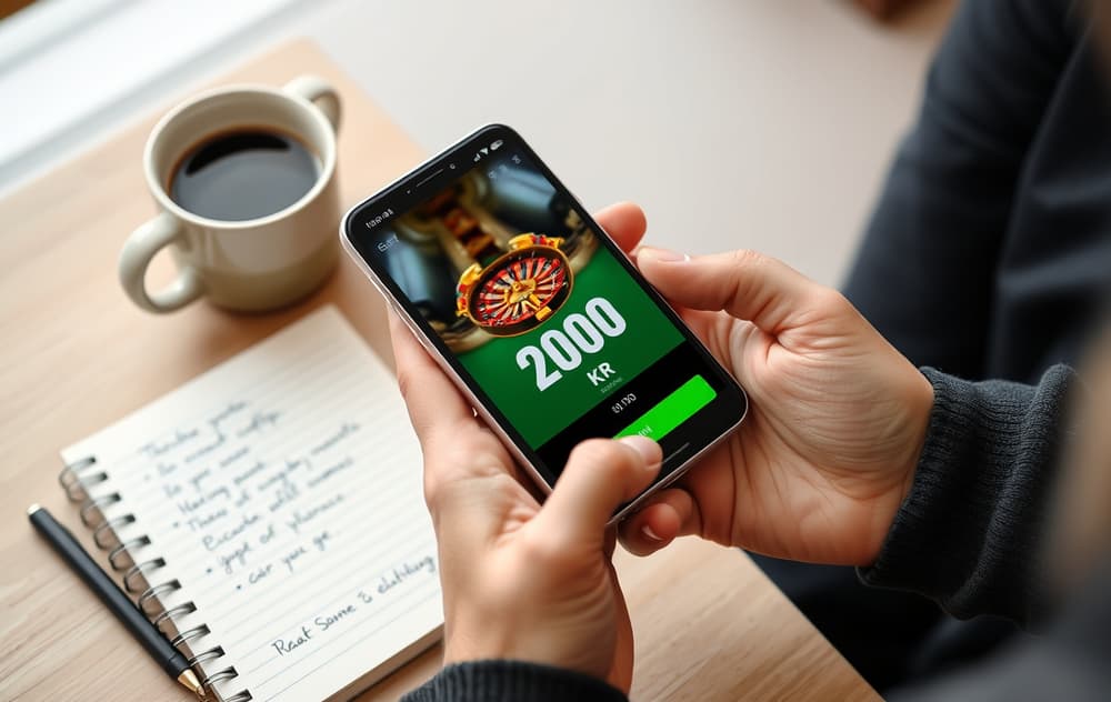 Person med smarttelefon som viser 200 kr gratis bonus på skjermen, med notatbok og kaffekopp på bordet.