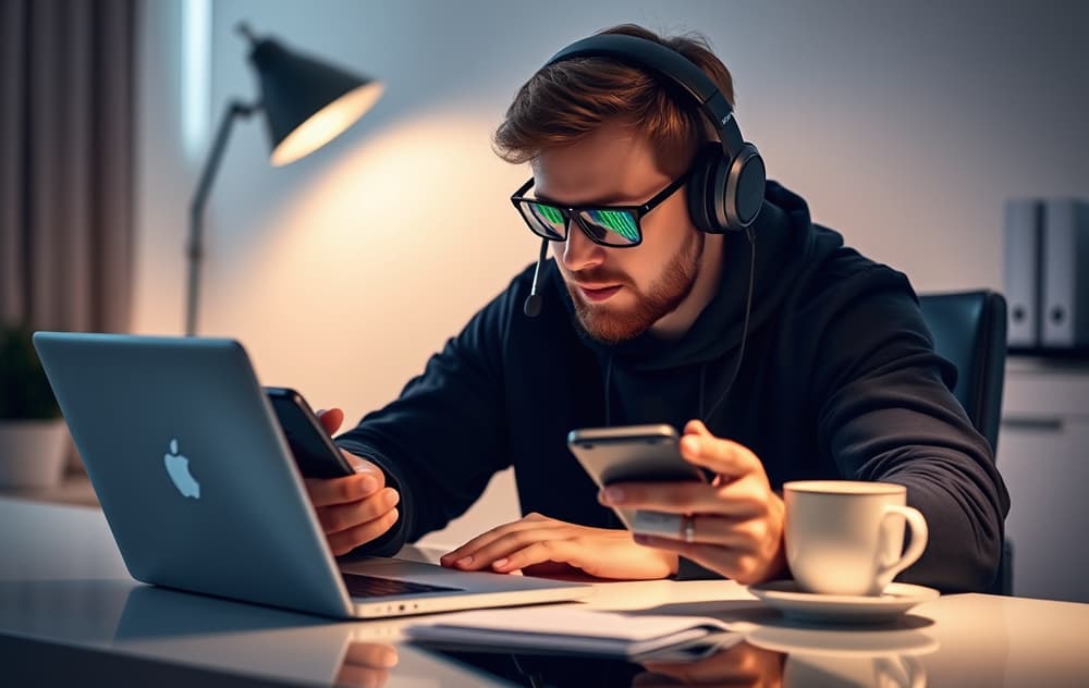 Norsk spiller ser på cashback-tilbud på mobil, med headset og kaffekopp på hjemmekontor