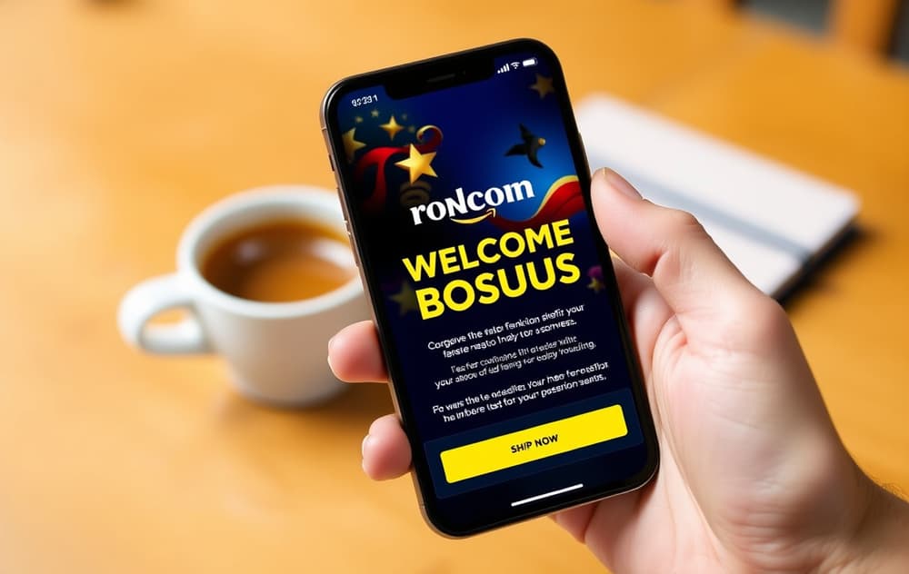 En person holder en mobiltelefon med en velkomstbonus for casino, kaffekopp på bordet, dagslys.