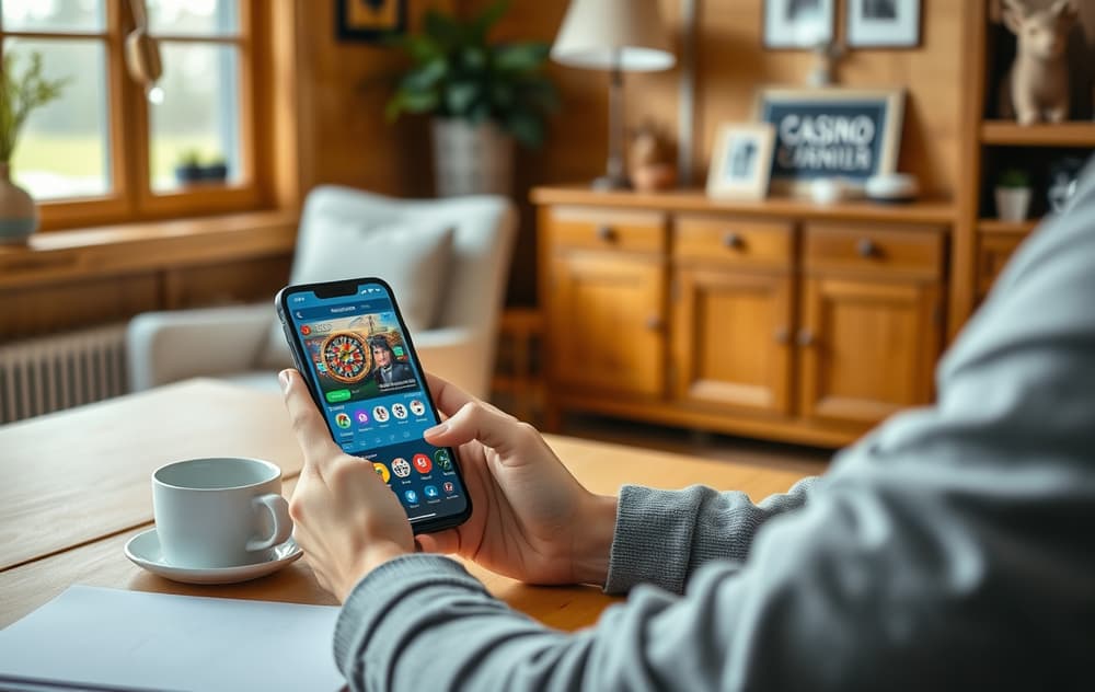 Person som sjekker gratisspinn på mobilen i en norsk stue