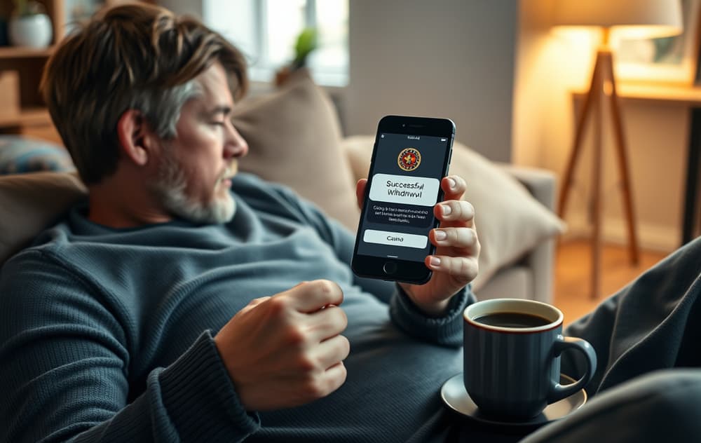 Person med mobil som viser vellykket uttak fra nettcasino, med kaffekopp.