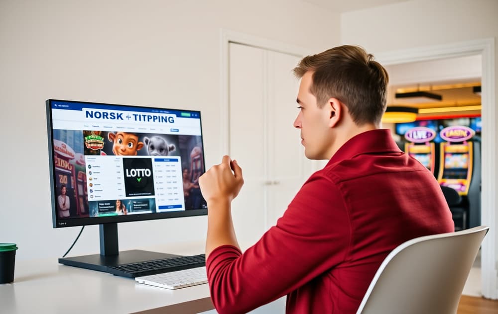 En person sammenligner Norsk Tipping og et nettcasino på to skjermer, med et reflektert uttrykk.