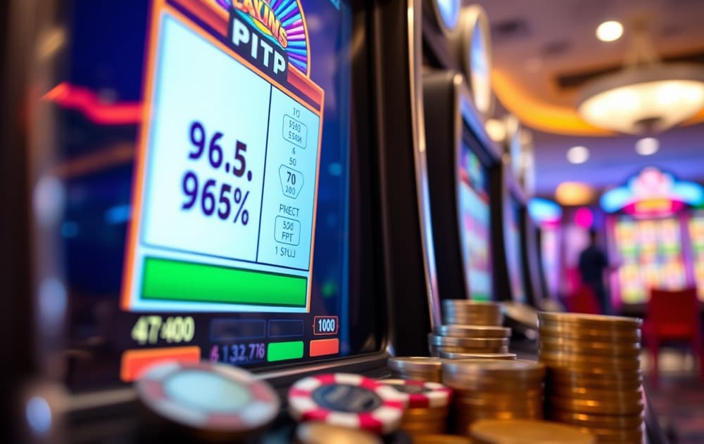 Nærbilde av spilleautomat som viser RTP på 96,5 % sammen med mynter og sjetonger