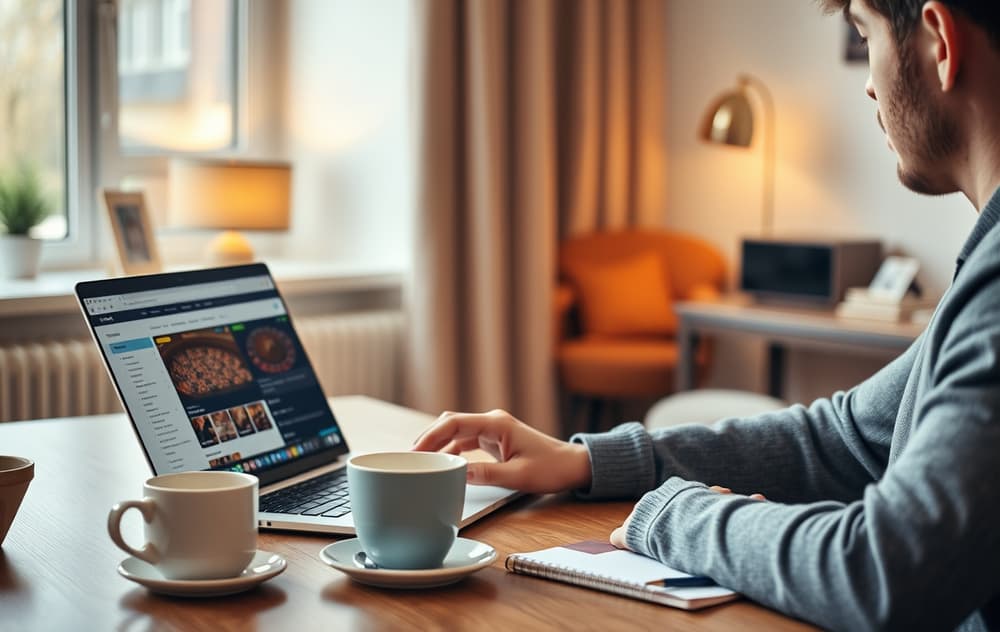 Person som sammenligner casinoer på en bærbar PC med kaffekopp og notatblokk, skandinavisk stil.
