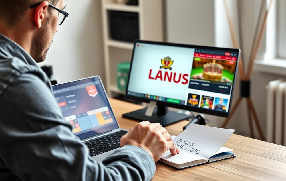 Norsk spiller sammenligner casinoer på laptop med forstørrelsesglass over lisenslogo og notatblokk med bonusvilkår.