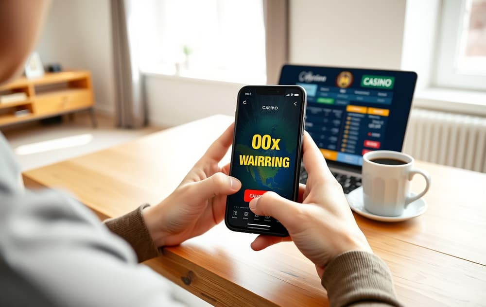 Person som holder mobil med casino-bonus uten omsetningskrav, laptop og kaffe på bordet