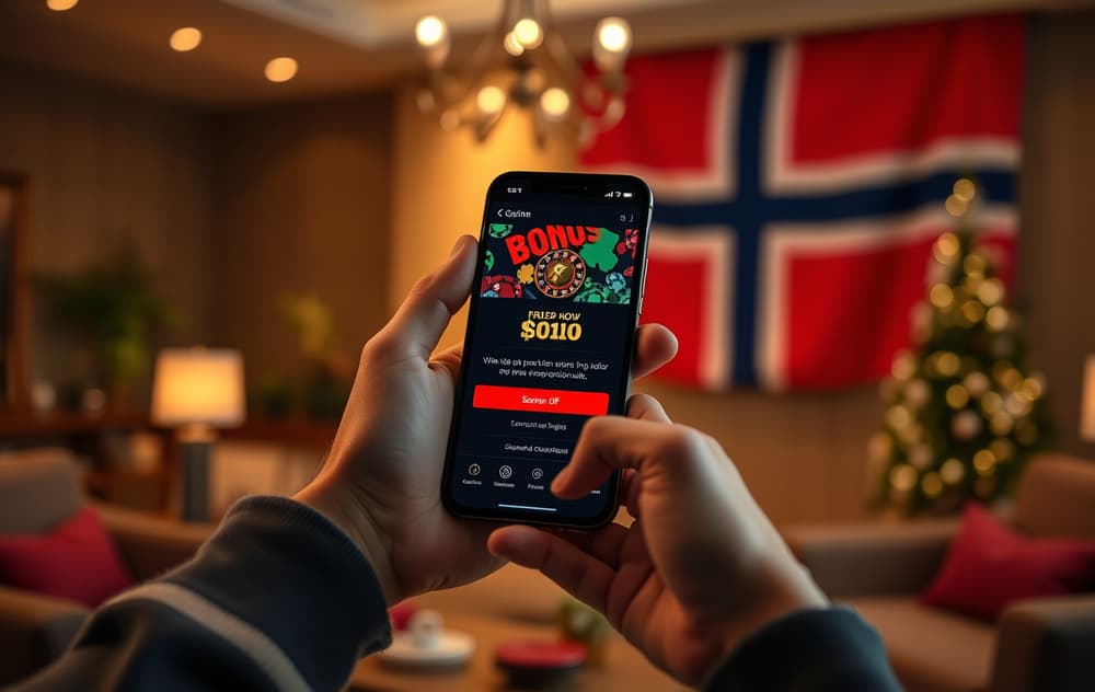 Person med mobil som viser casino bonustilbud, norsk flagg i bakgrunnen