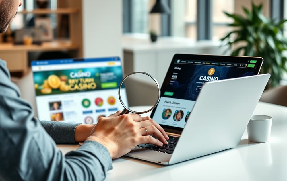 En person sammenligner kryptocasinoer på en bærbar PC med forstørrelsesglass over lisensinformasjonen.