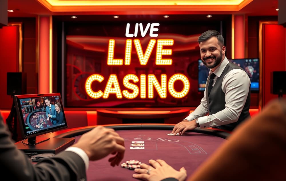Live dealer ved blackjack-bord i studio med neon-skilt Live Casino