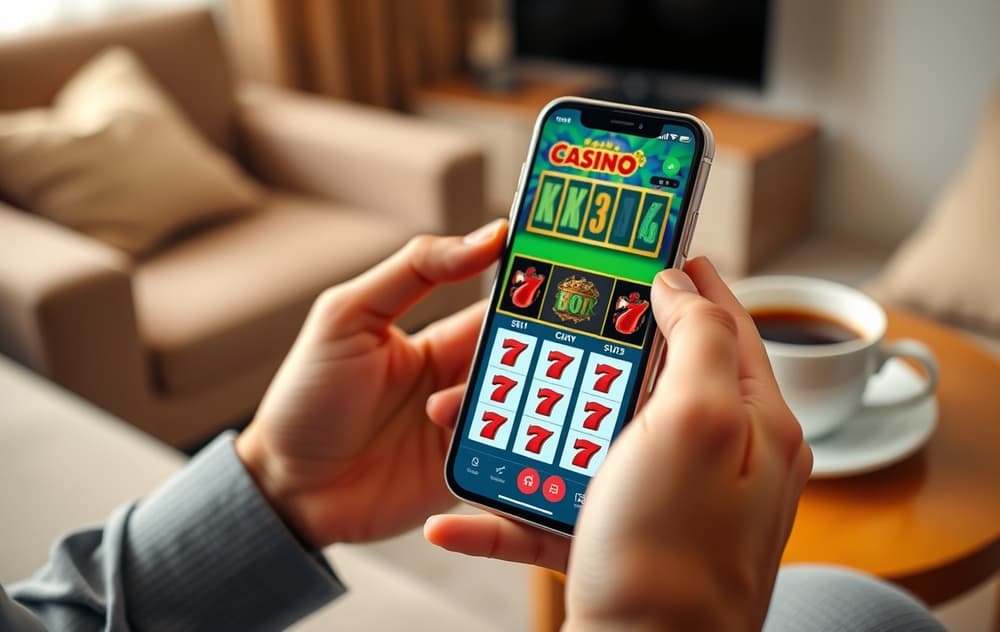 Person som spiller på mobilcasino i stuen.