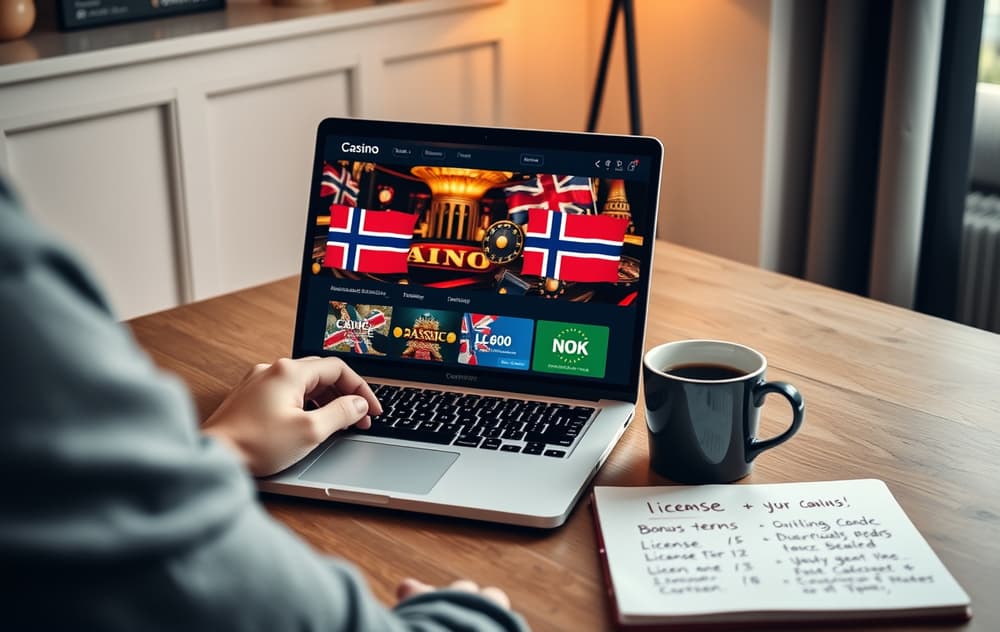 Person som sammenligner norske casino på laptop med notater om lisens og bonuser