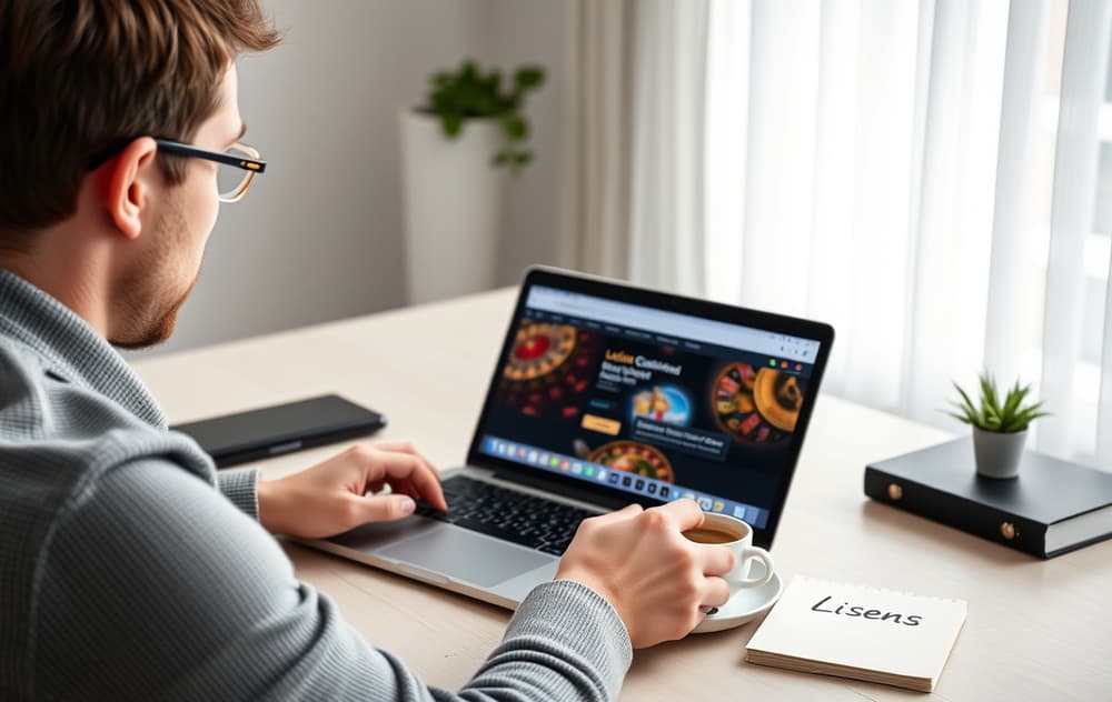 Norsk spiller sammenligner casinoer på laptop – en skjerm viser advarsel, den andre godkjent