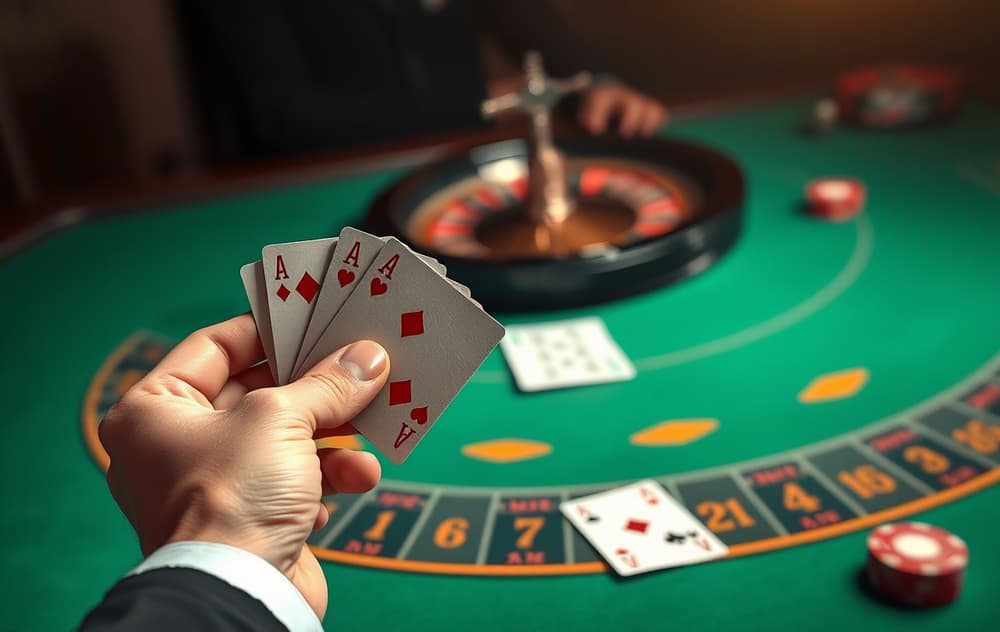 Digitalt blackjack-bord med kort og roulettehjul i bakgrunnen – illustrasjon av bordspill på nettcasino.