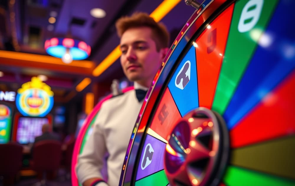Nærbilde av Crazy Time-hjulet med en vert i bakgrunnen, casino-miljø med fargerike lys.