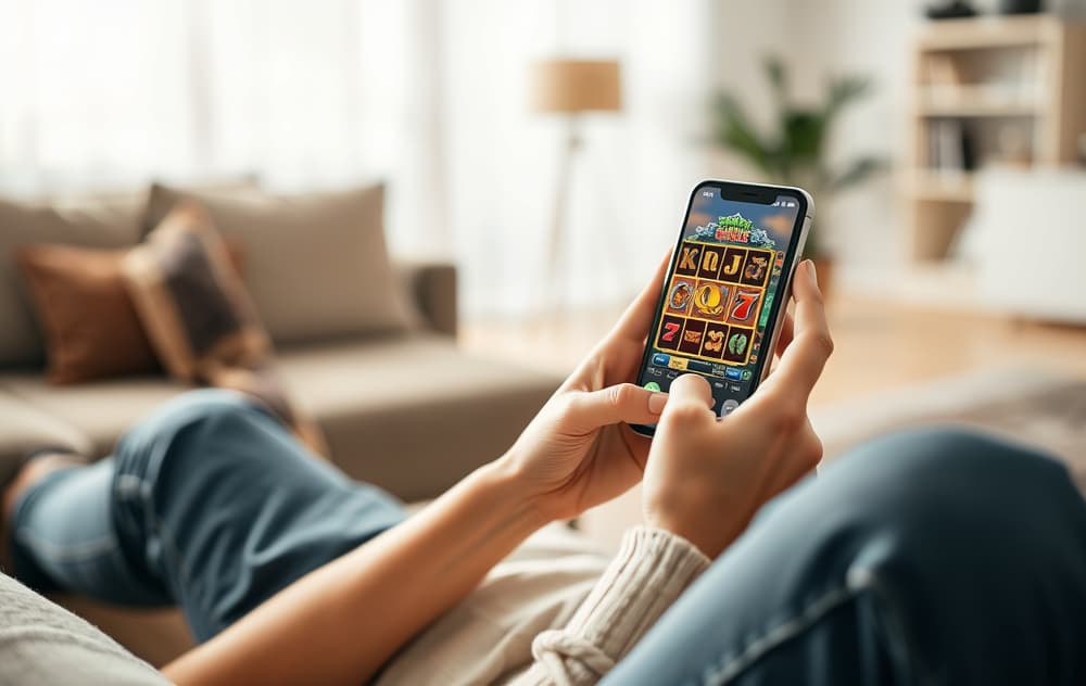 Person som spiller gratis spilleautomater på mobil i stuen
