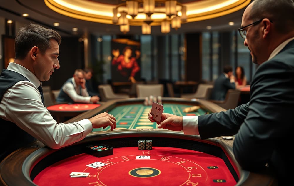 Live casino-bord med dealer som deler kort i et moderne studio.