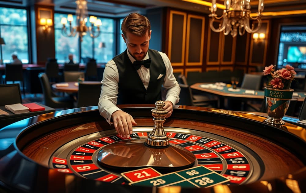 Rulettbord med croupier og hjul i et ekte casino, grønt filt og innsatser.