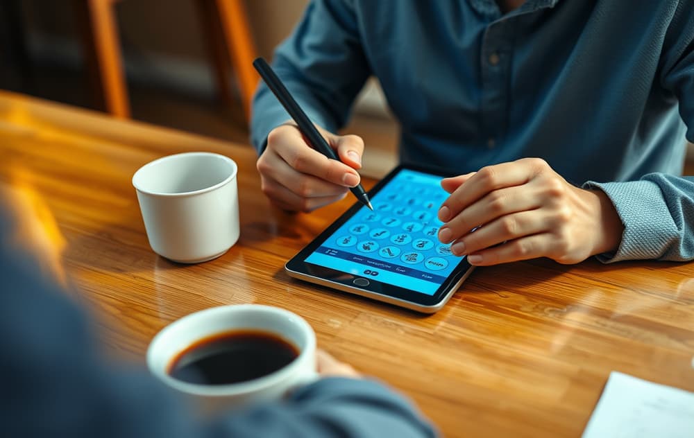 En person som skraper et digitalt skrapelodd på et nettbrett med en pekepenn, kaffekopp på bordet, varm belysning